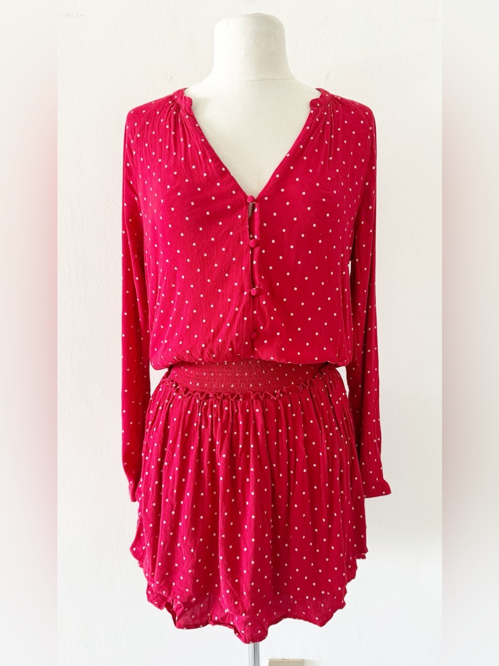 Rails Jasmine Red Polka Dot Smocked Long Sleeve Mini Dress Size Small (S)